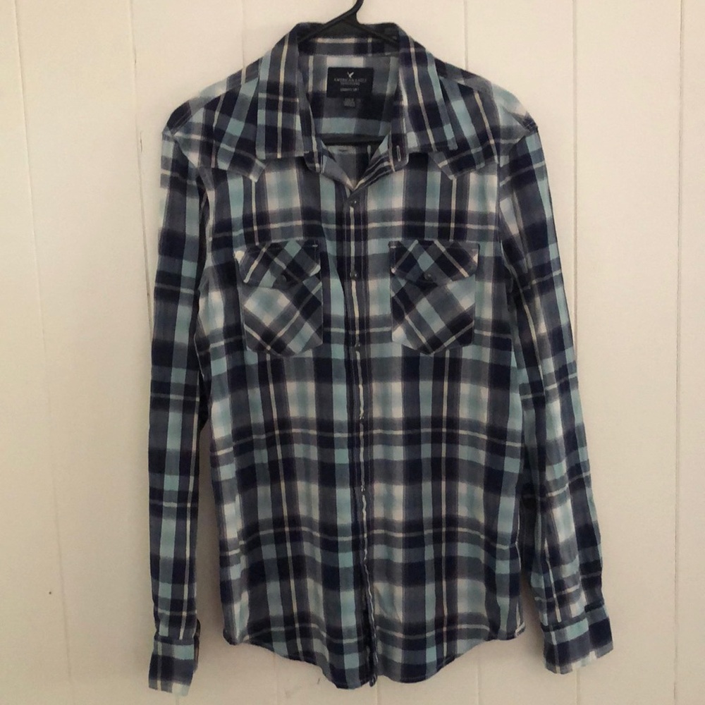 American Eagle Men’s Blue 100% Cotton Plaid Western Button Snap Shirt Size L